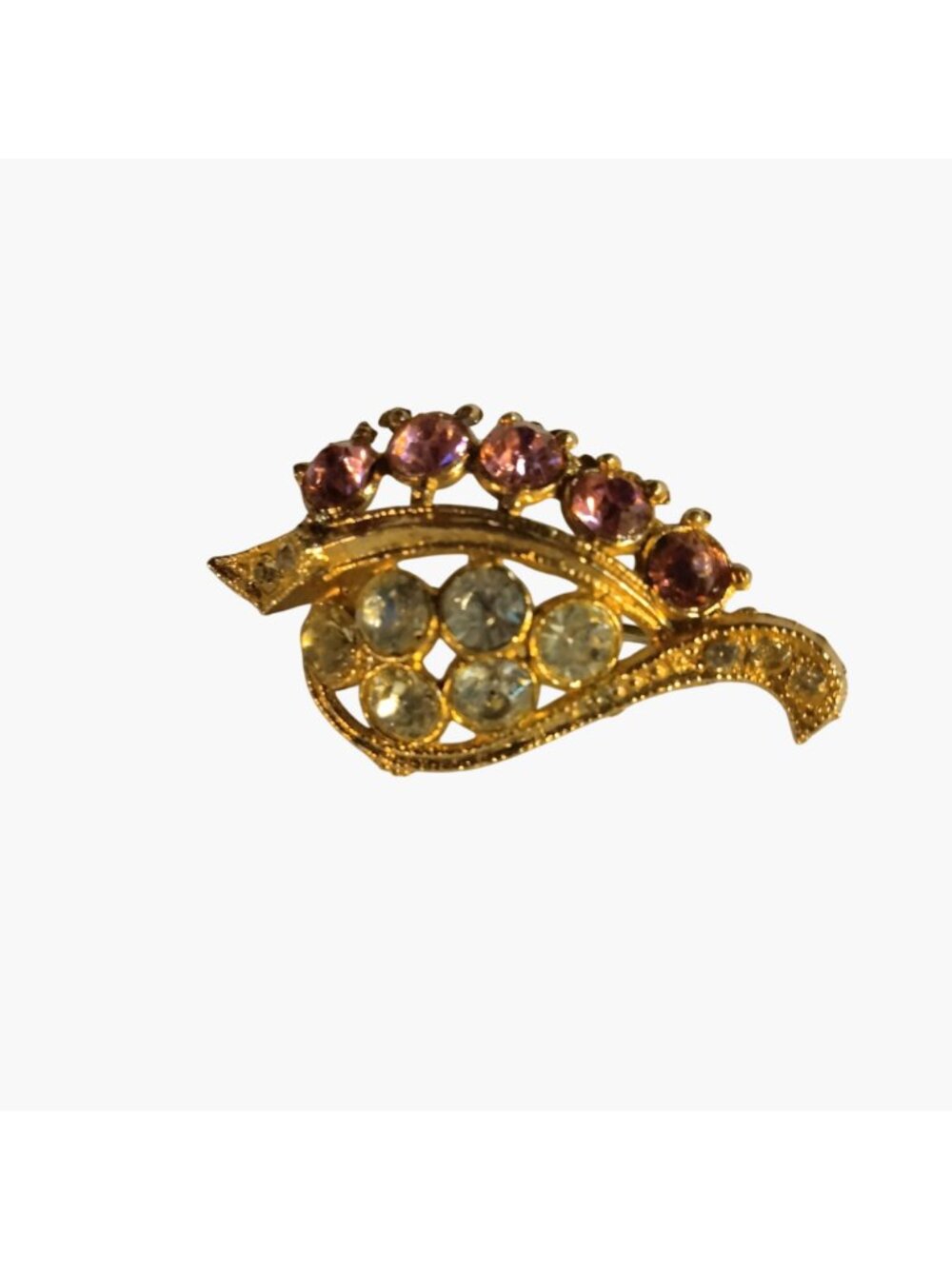 Rhinestone Pin Leaf Brooch Pink ClearCrystal Vintage Gold Tone - Picture 3 of 7